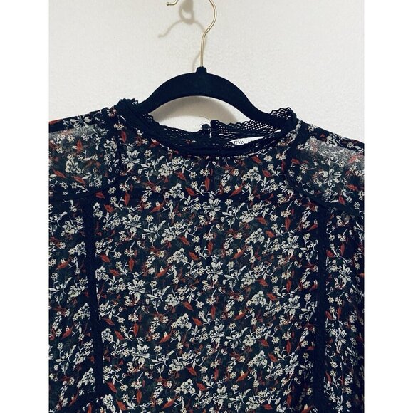Zara Top Womens Large Black Floral Chiffon Pleated Puffy Sleeve Sheer Romantic - Picture 2 of 7